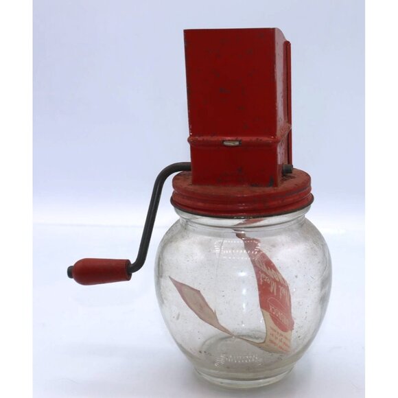 Vintage Red-And-Glass Androck Nut Meat Chopper With Hand Crank - Picture 4 of 5